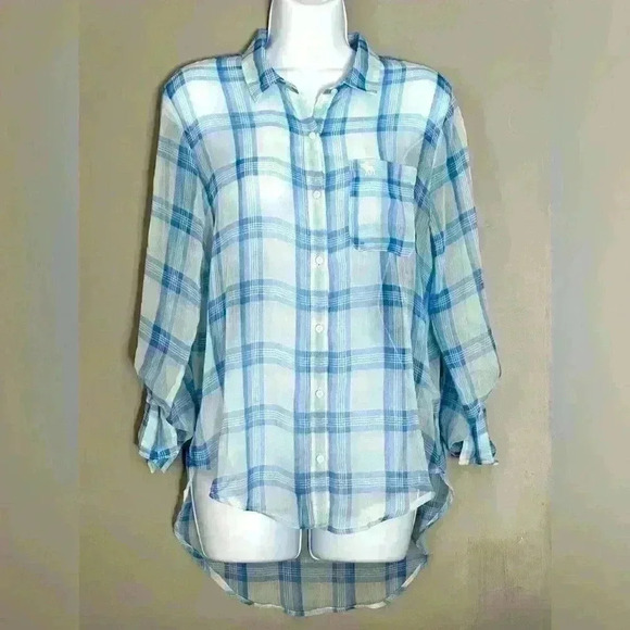 Abercrombie and Fitch Blue and White Plaid Sheer Women's Top (289) - Picture 1 of 12